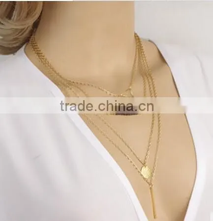 Fashion Gold Circle Paillette Crystal bead Pendant Multi Chain Necklace Jewelry