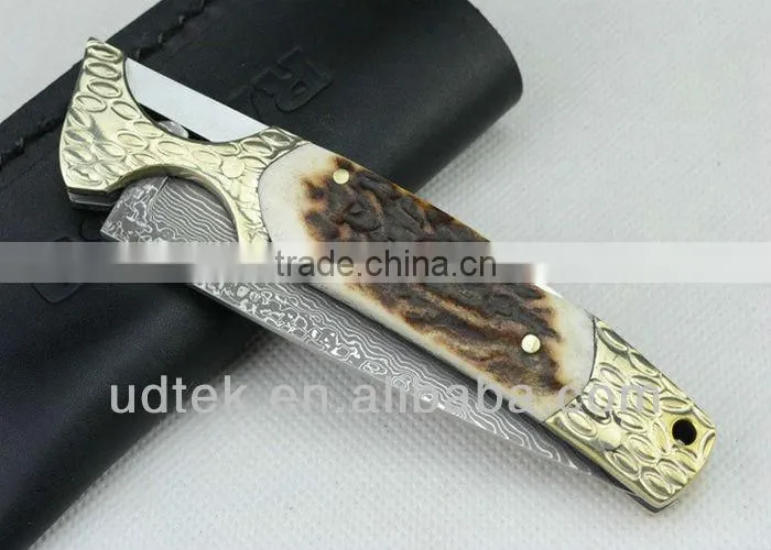 Antler + Brass Handle OEM Damascus Steel Folding Knife Collection Knife Hand Tool UDTEK01304