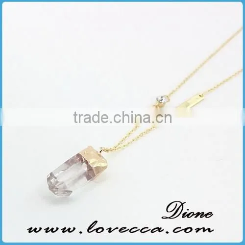 Latest New Design Ladies Thin Long Rond Type Pink and Royal Blue Natural Crystal Stone Necklace with Gold Chain
