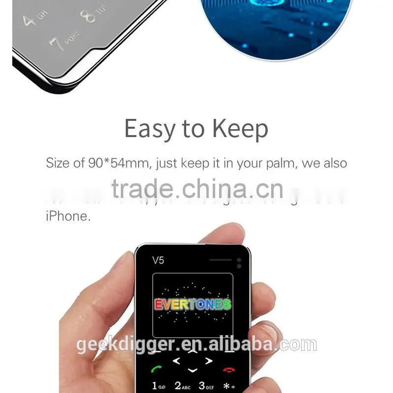 Ultra Thin AIEK V5 Black Card Mobile Phone Pocket Mini Phone Touch Keyboard Quad-Band Multi-languages