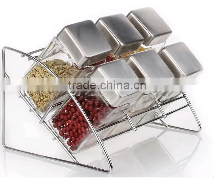 2016 mini clear square glass seasoning pot set with rack