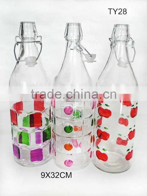 hand painted pattern recycled cylinder glass bottle with swing top lid