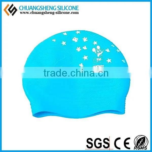 FUNNY SILICONE WATER DROP SWIM CAP WITH CUT EAR AND CARTOON PRINTING