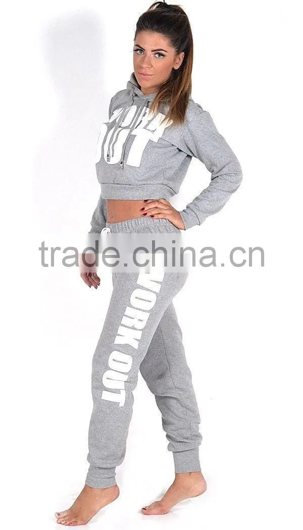 NEW LADIES WORK OUT SLOGAN TRACKSUIT CROP HOODIE JOGGERS SET GYM SUIT