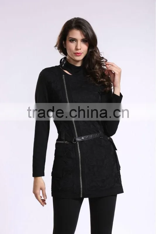 2014 New Arrival Ladies Asymmetrical Zip Long Coat Fashion Design Winter Overcoat