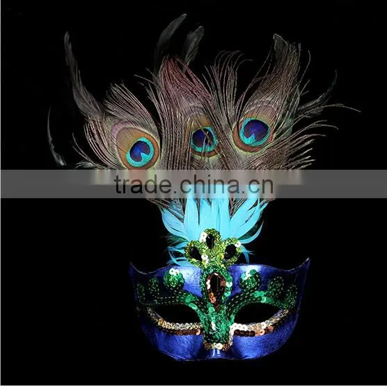 Indian mask long chicken tail feather ball mask blue flower mask for sale 2016