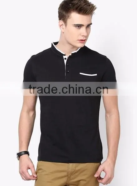 Black cotton Color Henley T-Shirt