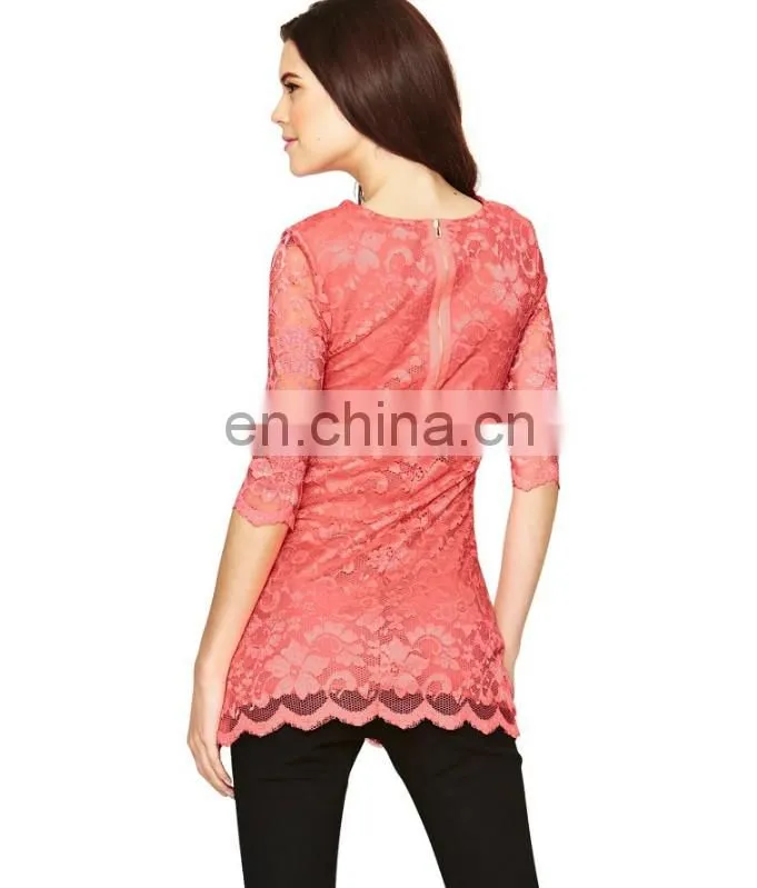 2014 Most fashionable long sleeve lace ladies tops latest design