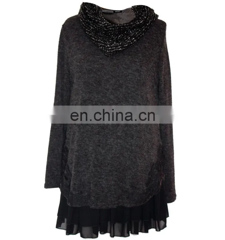 women tunic pure color pleated shirt with embroidery high neck winter causal tunic tops