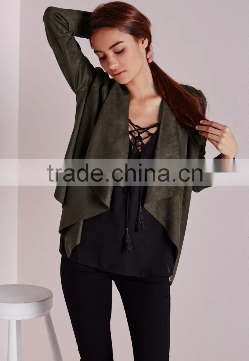 2015 Women Winter Short Waterfall Faux Suede Jacket