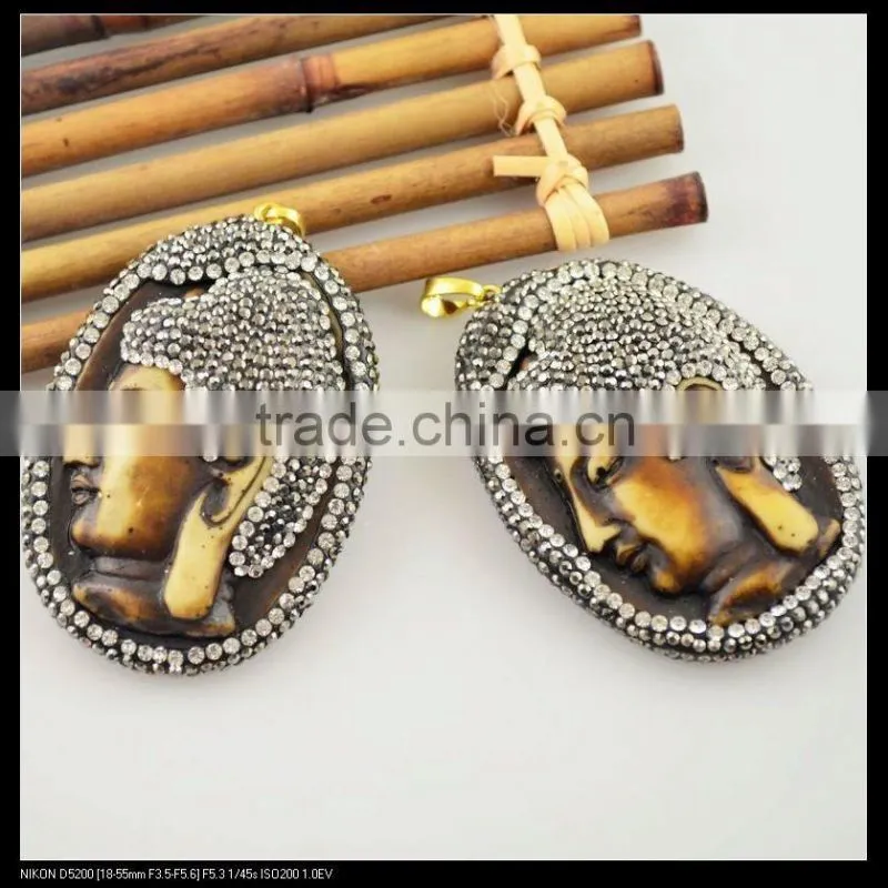 LFD-0090P ~ Wholesale Brown Ox Bone Buddha Head Oval Pendant Crystal Rhinestone Paved Charms Pendants Jewelry Finding
