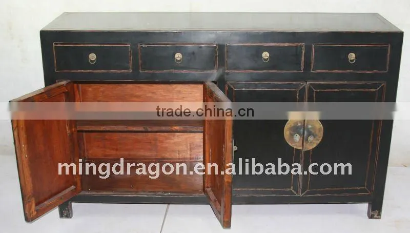 Chinese Antique Style Jilin Black Four Door Four Drawer Cabinet