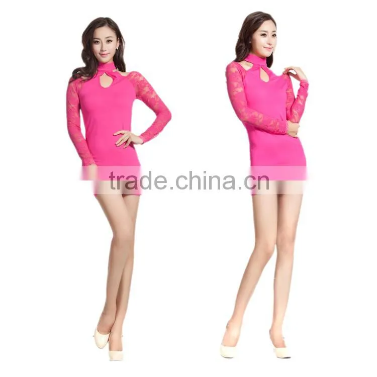 Latest Factory Design Hot Sexy Women Short Wedding Dresses Lace Long Sleeve Crossed Neck Dress