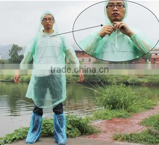 foldable PE Raincoat with hood drawcord