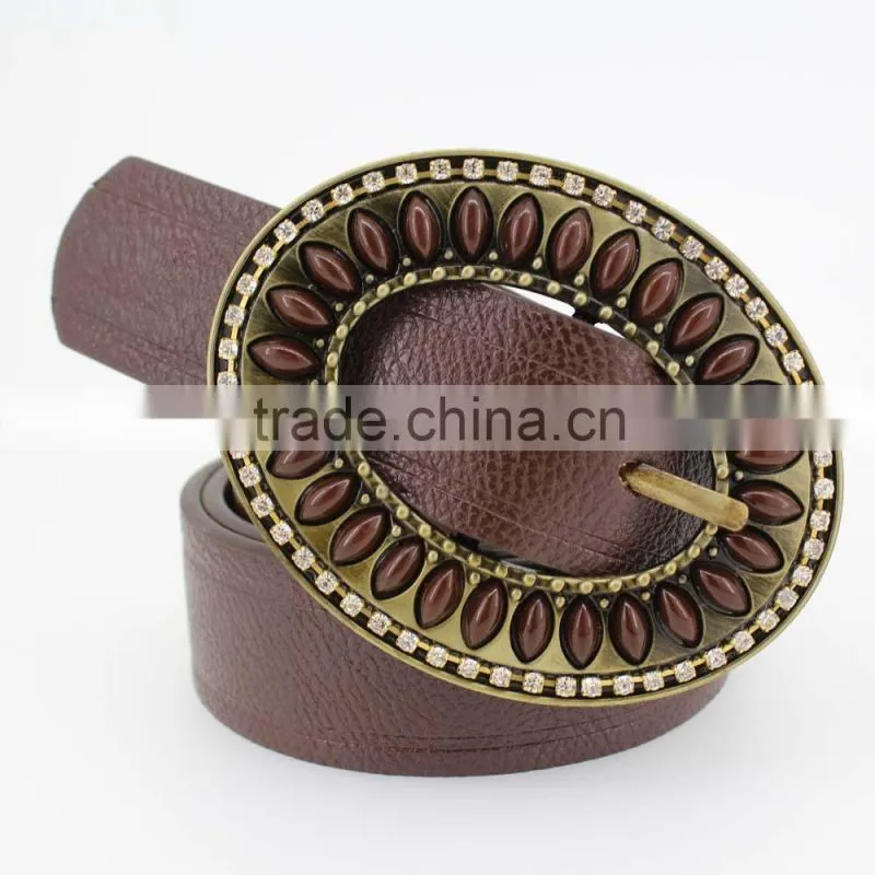 2015 Vintage Style women's fashion PU brand belt with rhinestone circle shape buckle