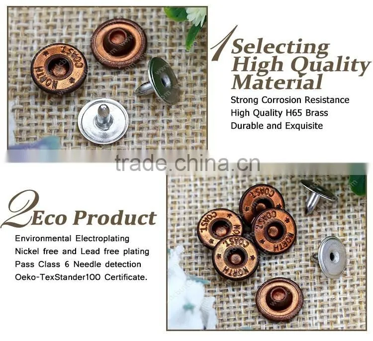 Nipple down brass rivet button with design for jean denim jacket