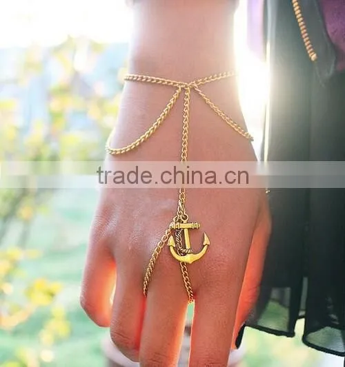 Women Girl Mutil layers Finger Ring Hand Chain Bracelet Lucky Anchor Charms