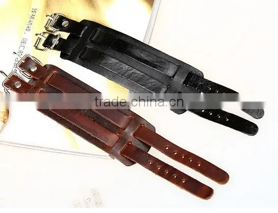 Top Quality Men's Biker Simple Stainless Steel Black Leather Bracelet