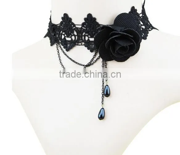Women 2016 Gothic Handmade Chain Black Flower Lace Choker Collar Chunky Necklace