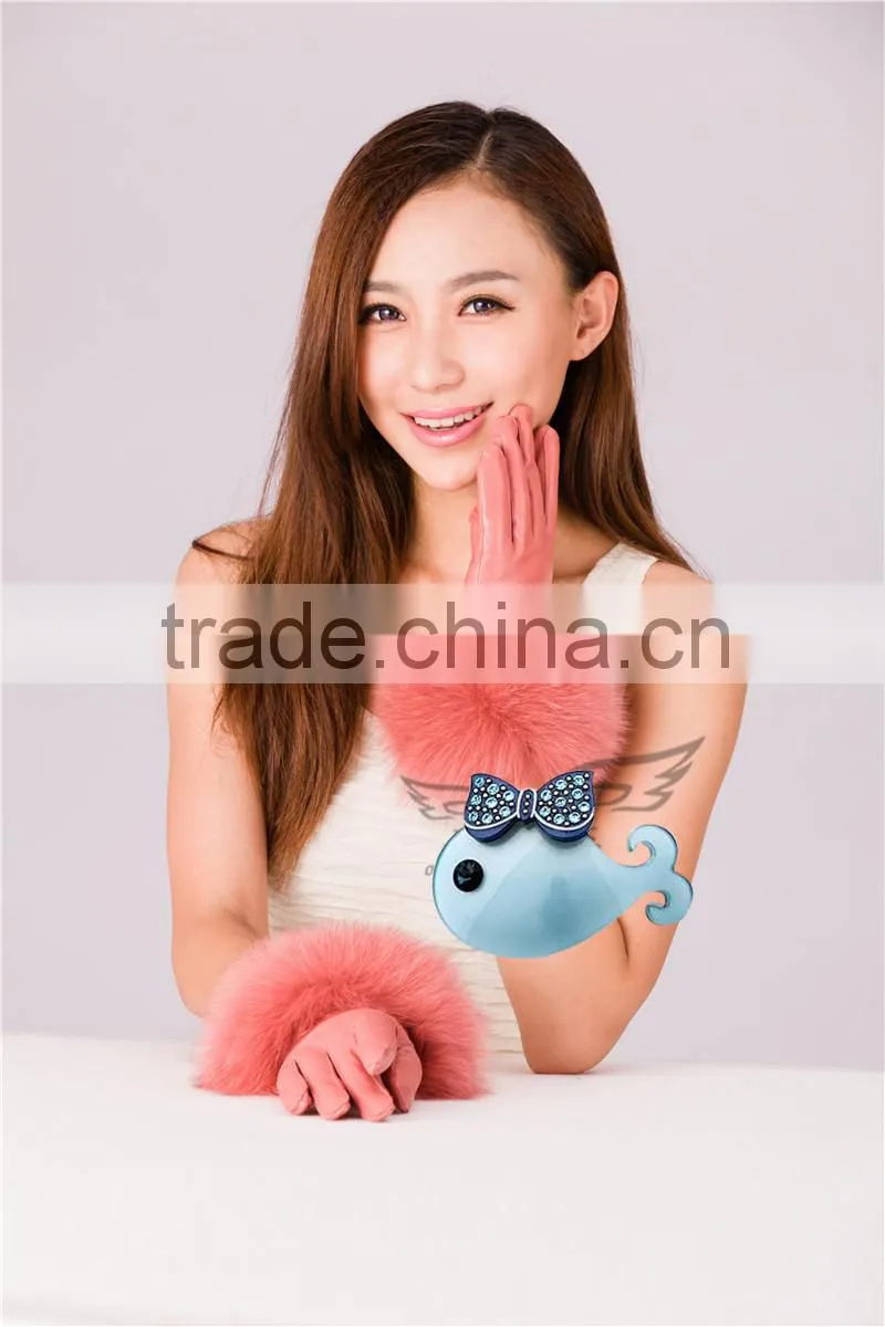 New Arrival Fashion Winter Warm Lambskin Ladies Fox Fur Leather Gloves