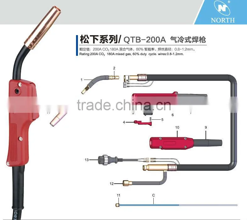 High quality Panasonic type north brand mig welding torch QTB-200A