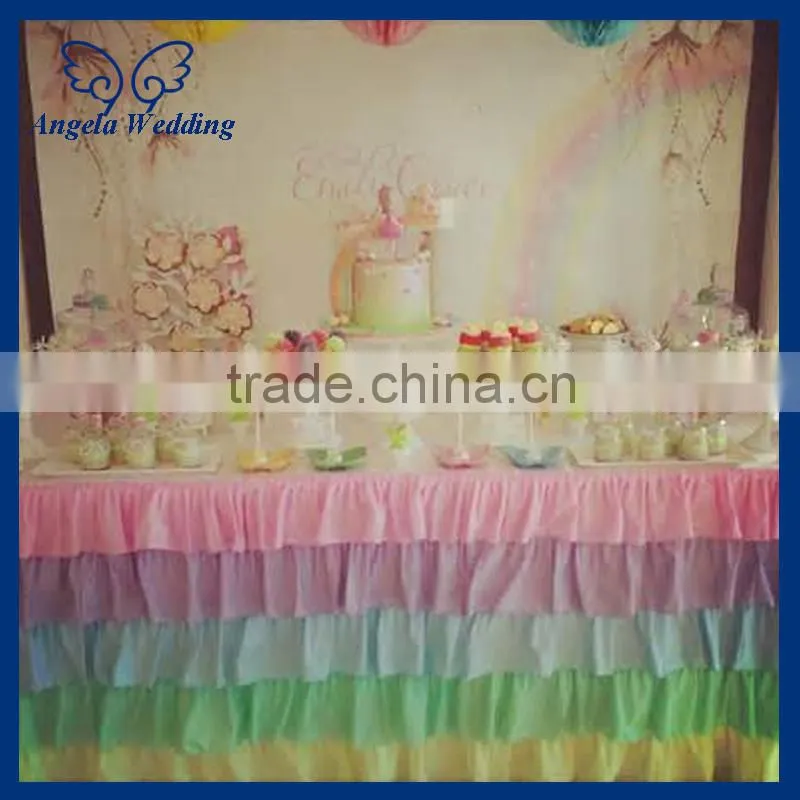 SK001F Wedding hot sale polyester ruffled pleated Pink and white steps in table skirting