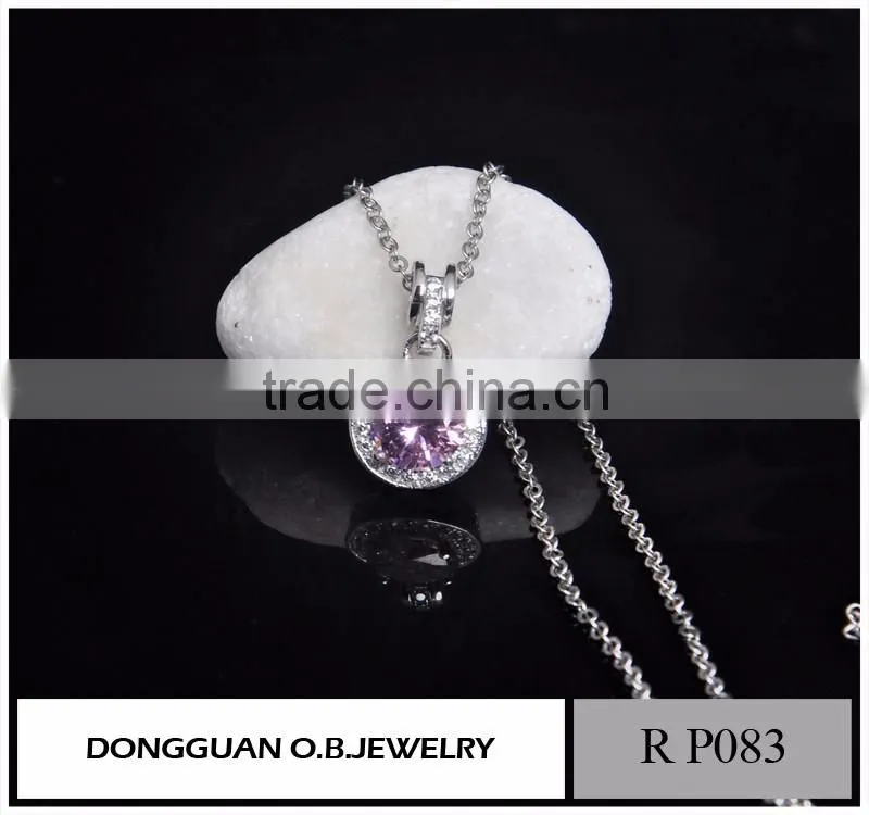 Pink color single stone pendant necklace/silver plated classic design