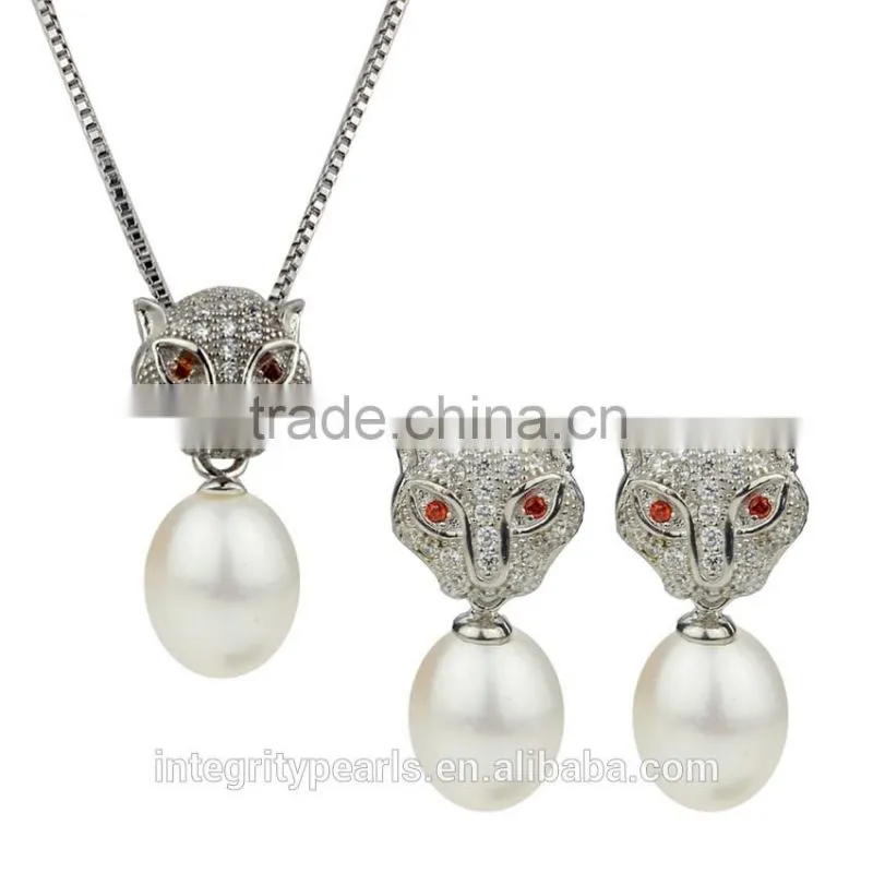 leopard animal shape Top Quality 925 Sterling Silver natural pearl Pendant and Earring Set