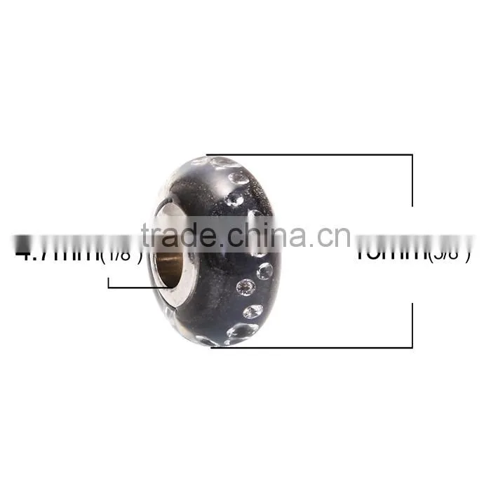 Lampwork Glass & Cubic Zirconia European Style Large Hole Charm Beads Round Black Clear W/ Stainless Steel Silver Tone Core