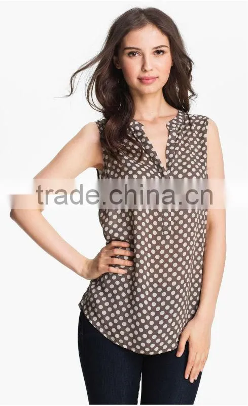 Sleeveless Dot Print Blouse with High Low Hem