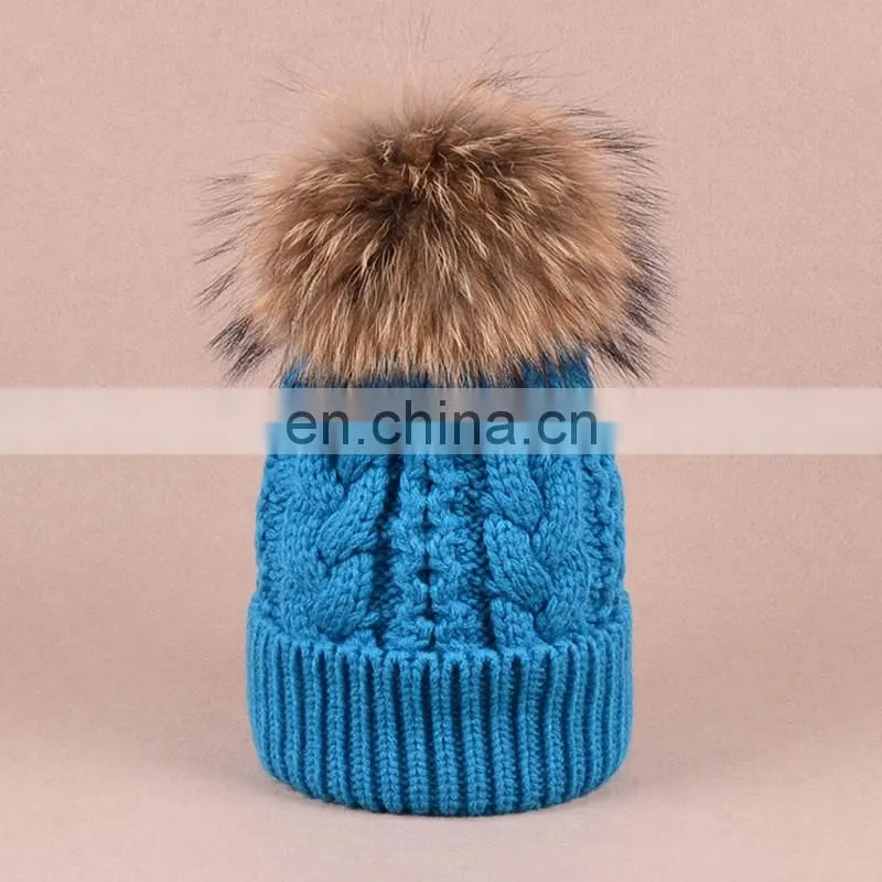 Jumbo genuine raccoon fur pom balls hats knitted twist pattern hats