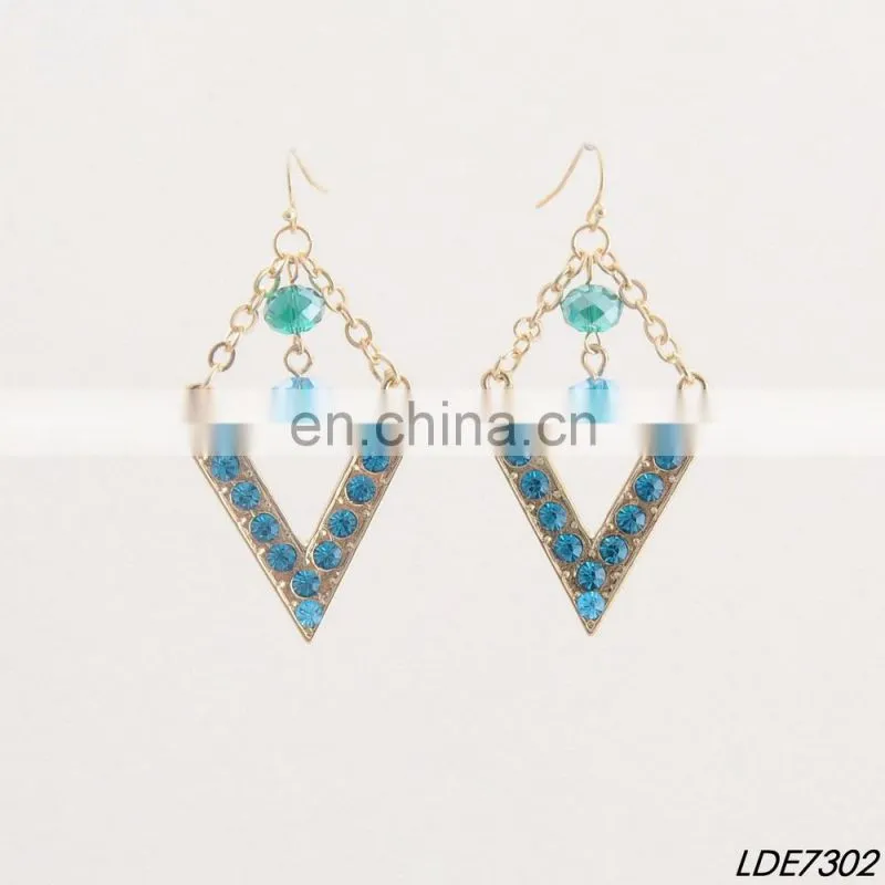 Aquamarine crystals embelished chevron dangle earrings