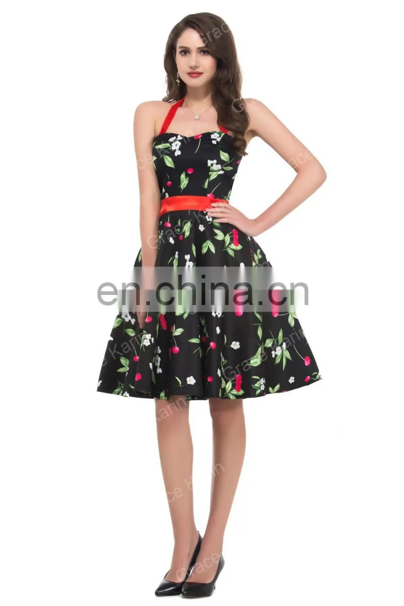 Grace Karin Ladies Halter Plus Size Sleeveless Cherry Printed Vintage Pin Up Vintage Retro Dress CL4595-1#