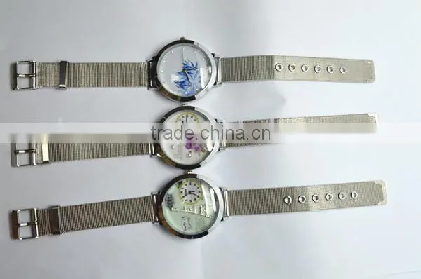 metal netting strap wristwatch covered with violet , betterfly ,pearls and Effiel Tower