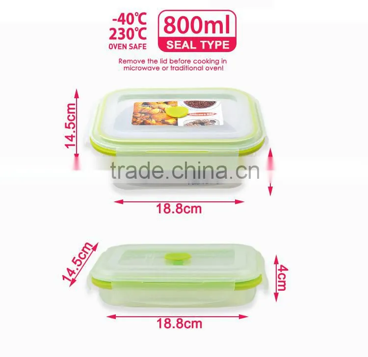 800ml collapsible silicone food container with PP lid ,100% platinum silicone