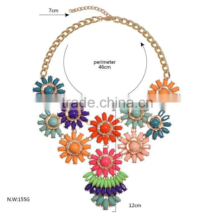 2016 Fashion And New Clear Glass Beads With Muticolor Acrylic Stone Flowers Choker Necklace