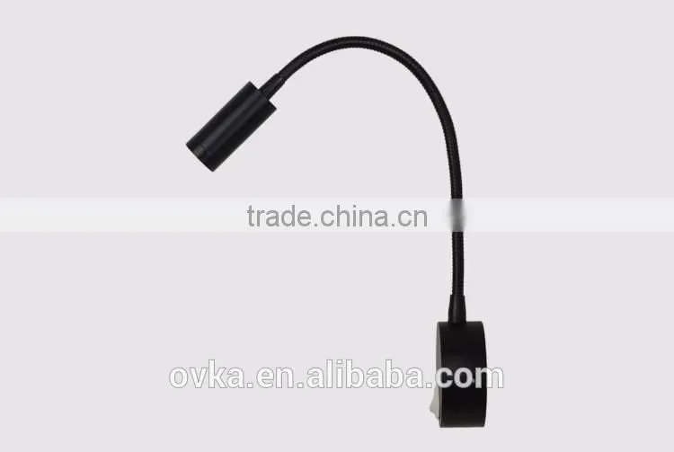 3W LED wall mount light for hotel bedside reading lamp with flexible gooseneck on/off switch