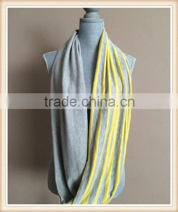 Infinity Scarf with Hidden Pocket - Reversible Heather Grey and Yellow Stripes