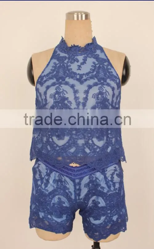2016 pre-sale fashion lace short pants and sleeveless neck designs for ladies suit