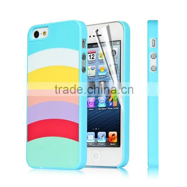 Set Screen Protector And Case For Iphone 5 , Hard Plastic Pink Colorful Stripes Custom Case