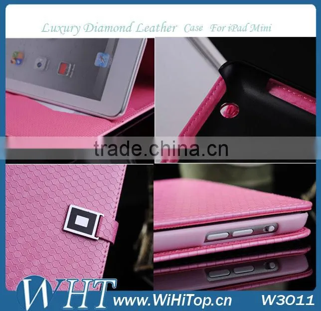 High Quality Diamond Leather For iPad Mini Leather Case Cover.Folio Leather Wallet Case for iPad Mini 7.9 inch.WHTS003