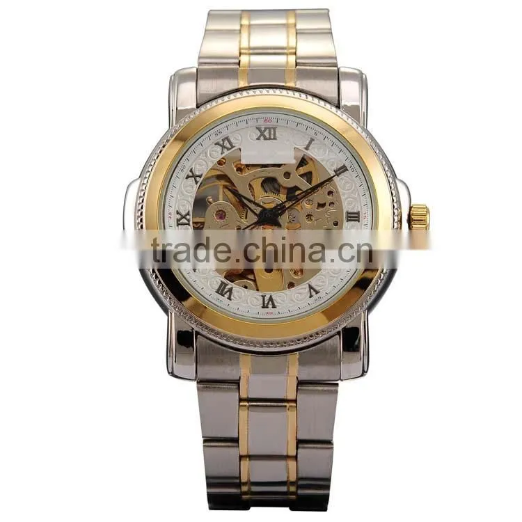 Golden Bezel White Dial Men Automatic Skeleton Mechanical Watch