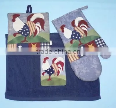 3 pcs silk screen print cotton kitchen towel set oven mitten set