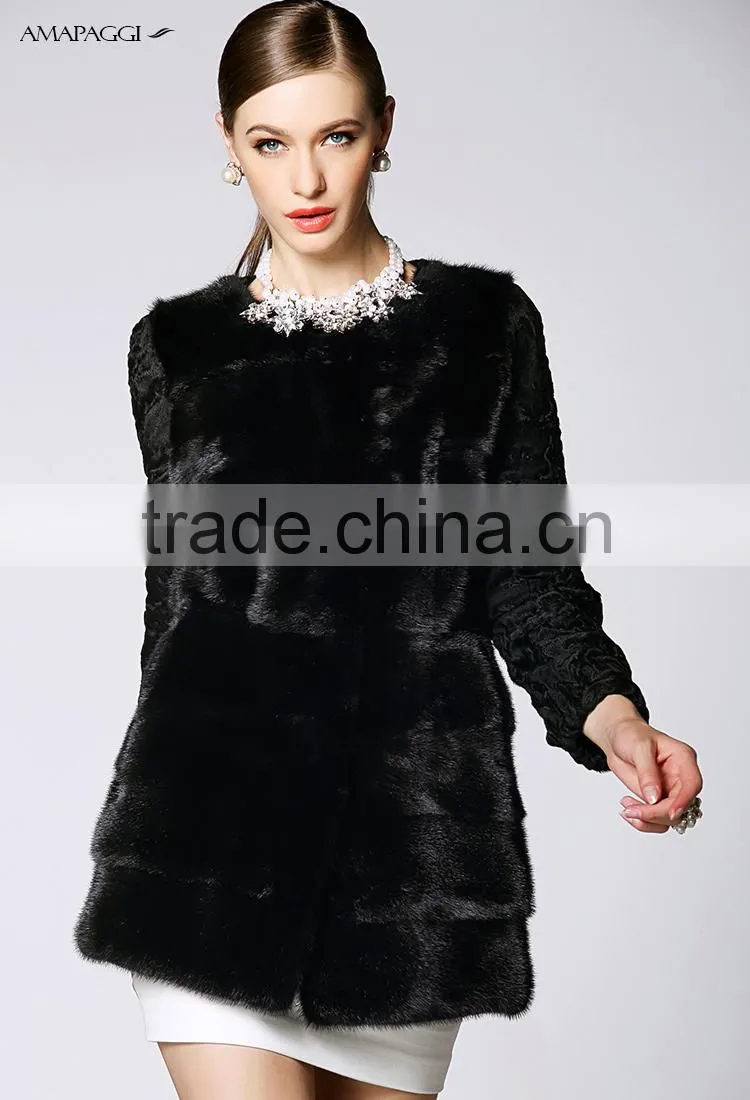 Cheap price black mink fur coat with kara