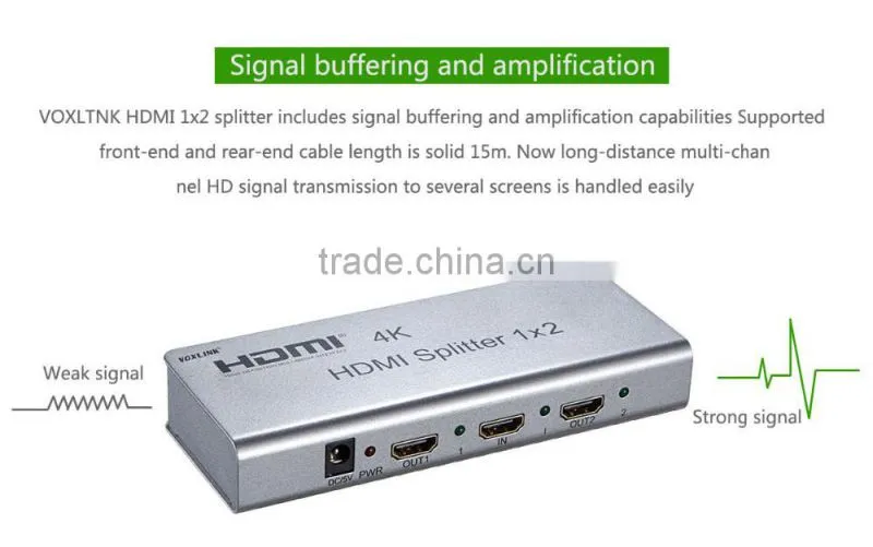New Arrival 1x2 VOXLINK 4K HDMI splitter UL For HDMI 1.4,HDCP1.4 ,4K,IR extension, EDID management, RS232