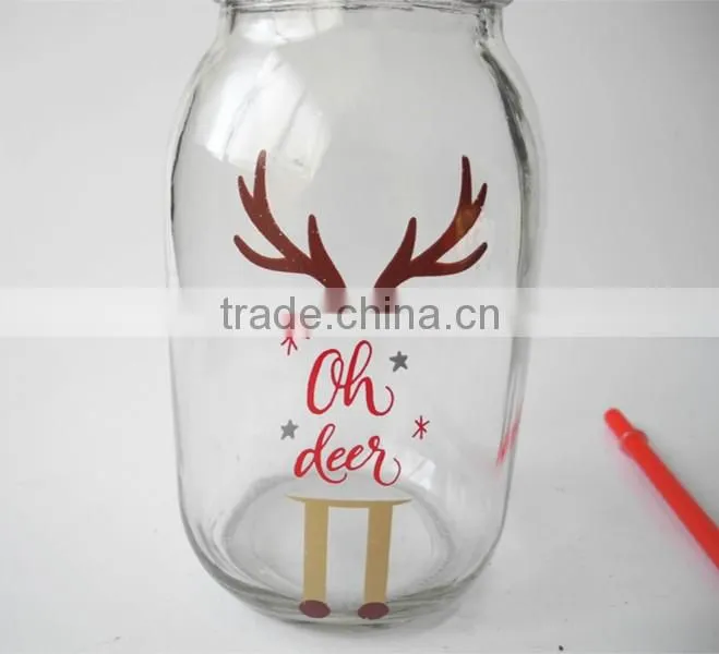 deer printed festival use ecofriendly glass mason jar with pipe