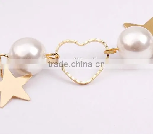 gold heart star charms pearl link bracelet