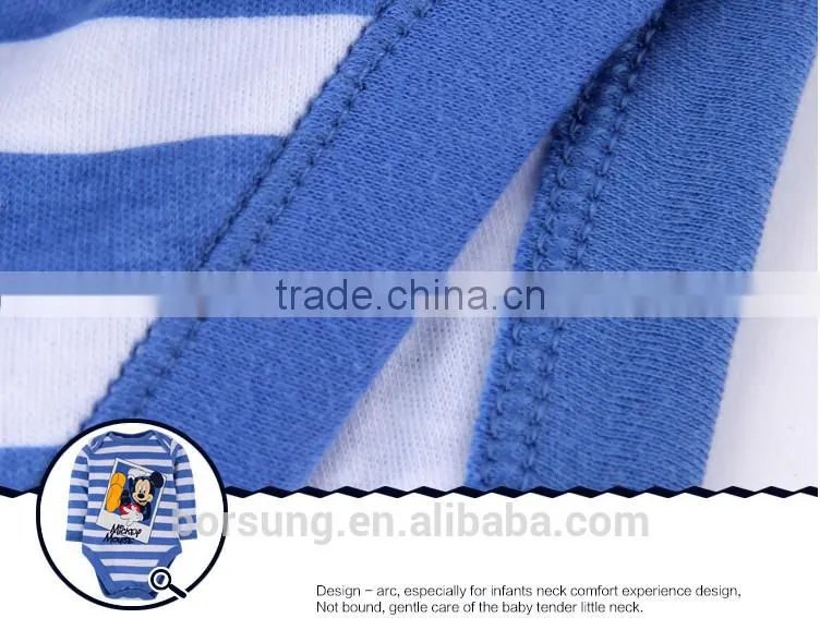 2015 newest arrival blue white stripes boys wear Bodysuits long sleeve printed cartoon mouse Newborn Baby Clothes baby romper