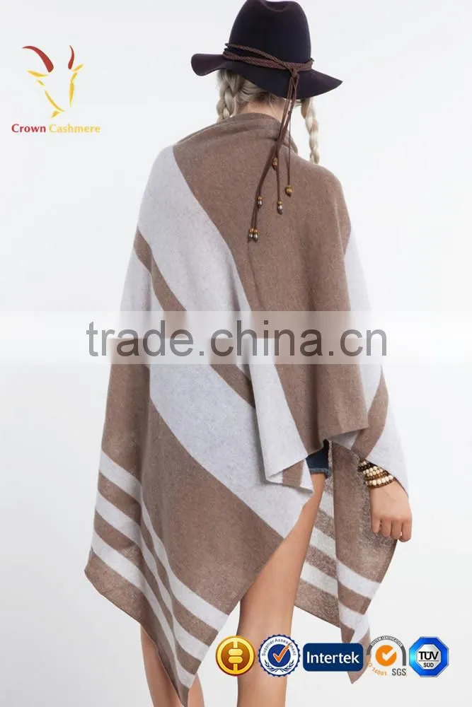 Cashmere Wool Knitted Poncho Shawls with Buttons Stripe Color Block Shawl