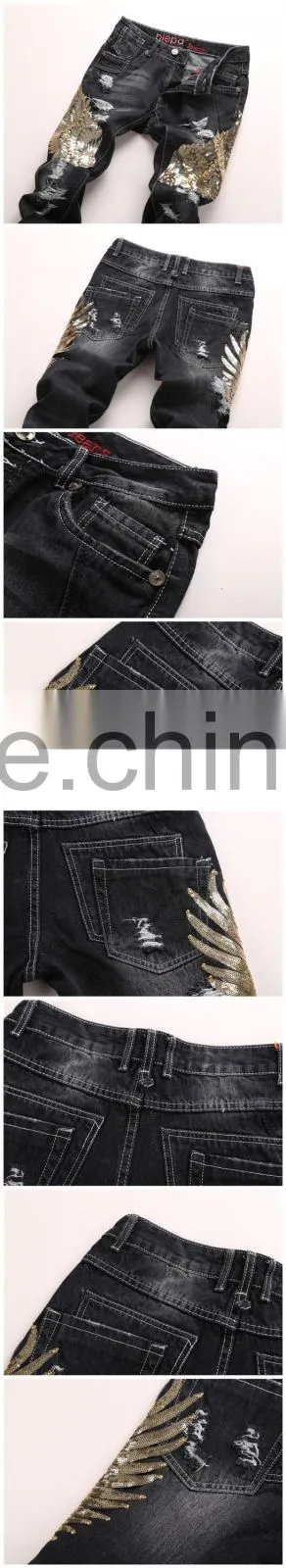 New Stytlish Men Sequin Gold Wings Slim Straight Trousers Ripped Frayed Jeans